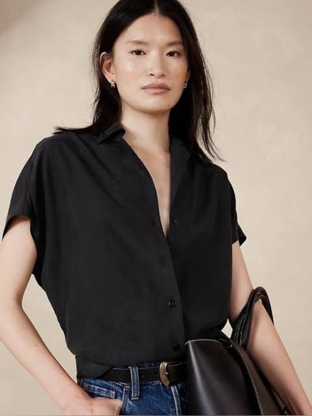 Banana Republic Silk Oversized Short-Sleeve Button Front Blouse Black